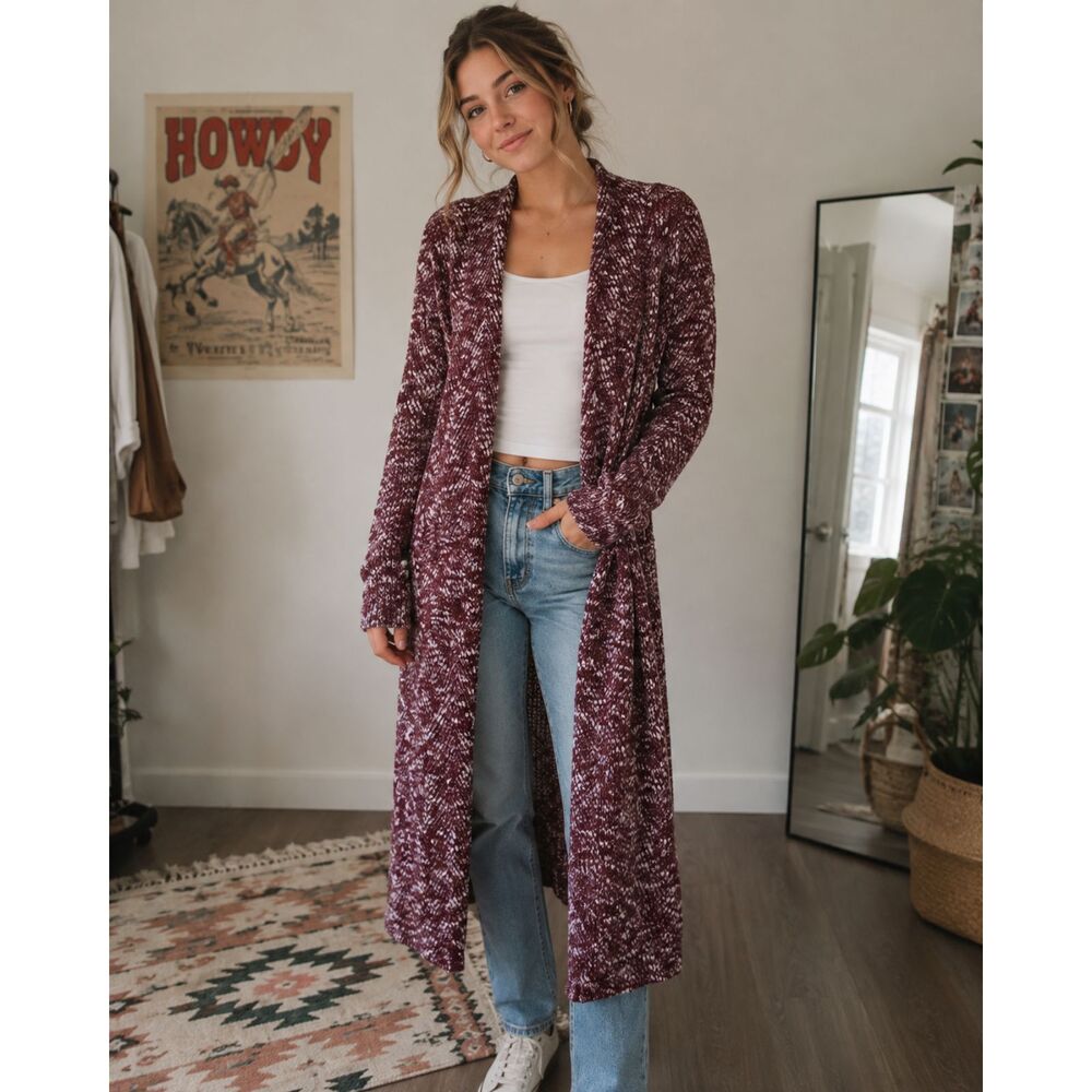 LuLaRoe Long Cardigan Womens XS Maroon Sarah Duster Open Knit Stretch Ladies
